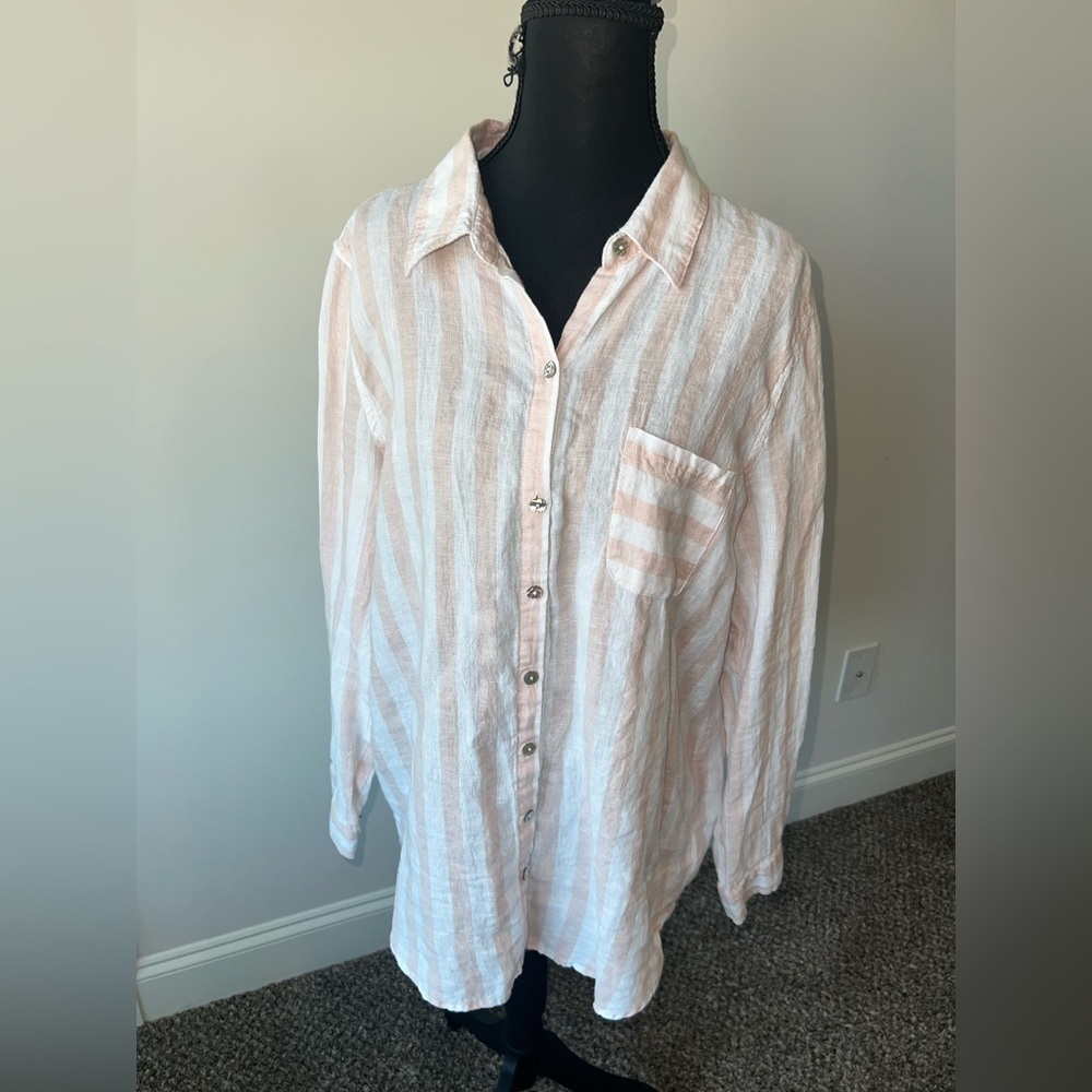 C&C California Pink and White Striped Women’s Linen Button Up Shirt L